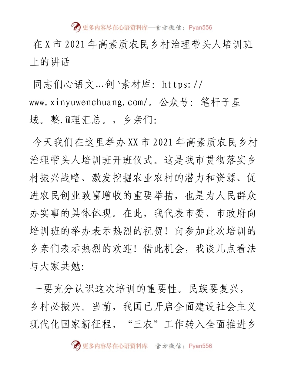 在X市高素质农民乡村治理带头人培训班上的讲话.docx_第1页