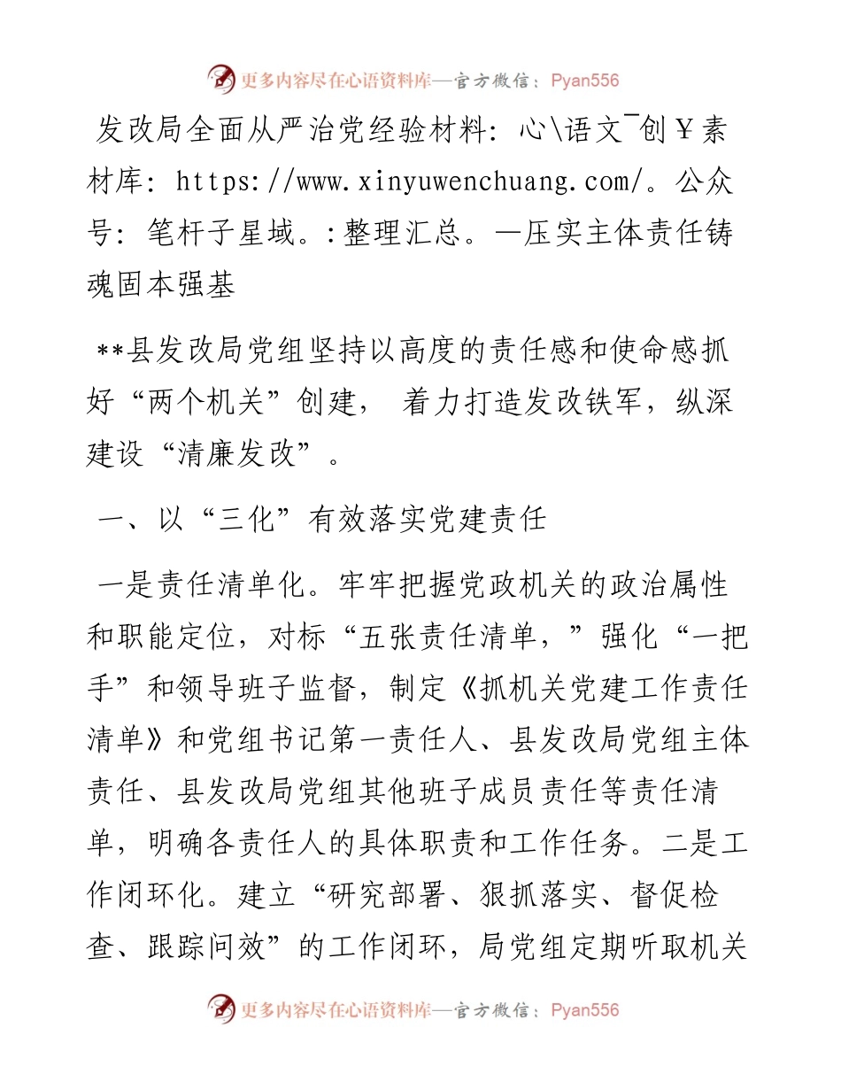发改局全面从严治党经验材料：压实主体责任铸魂固本强基.docx_第1页