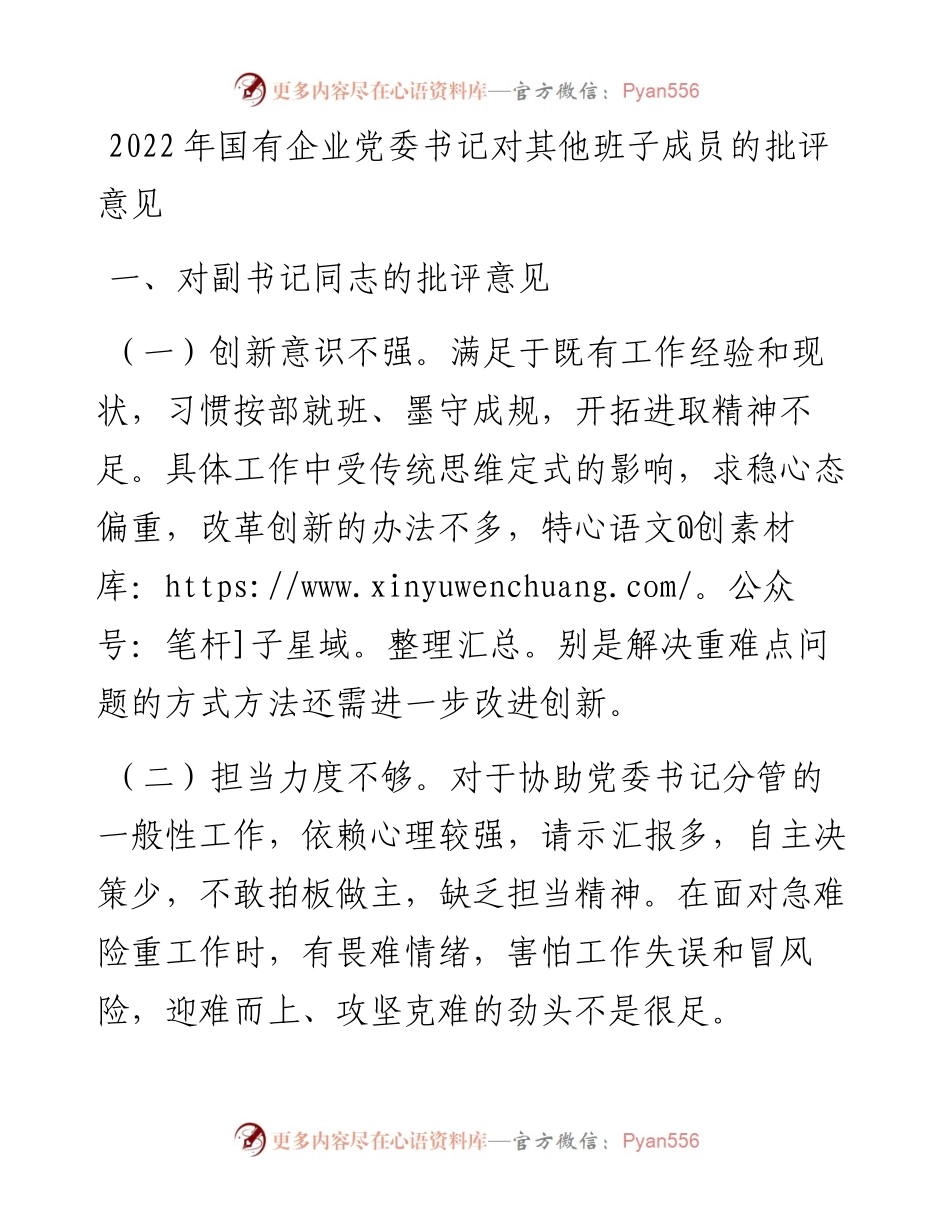 国有企业党委书记民主生活会对其他班子成员的批评意见.docx_第1页