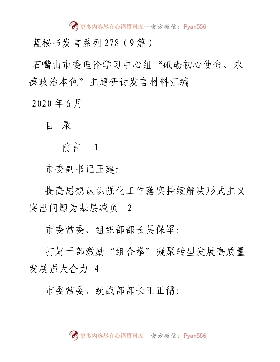 发言系列278（9篇）石嘴山市委理论学习中心组“砥砺初心使命、永葆政治本色”主题研讨发言材料汇编.docx_第1页