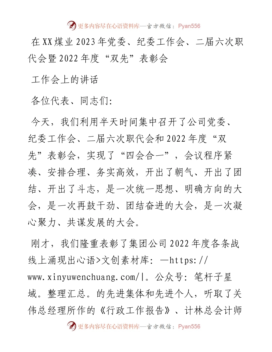 在XX煤业2023年党委、纪委工作会、二届六次职代会暨度“双先”表彰会工作会上的讲话.docx_第1页