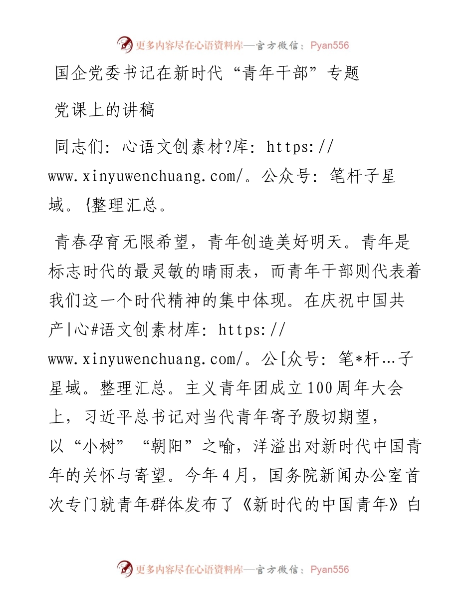 国企党委书记在新时代“青年干部”专题党课上的讲稿.docx_第1页
