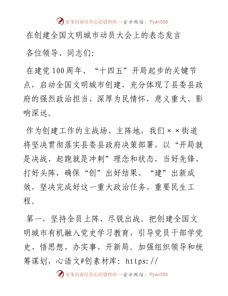 在创建全国文明城市动员大会上的表态发言.docx_第1页