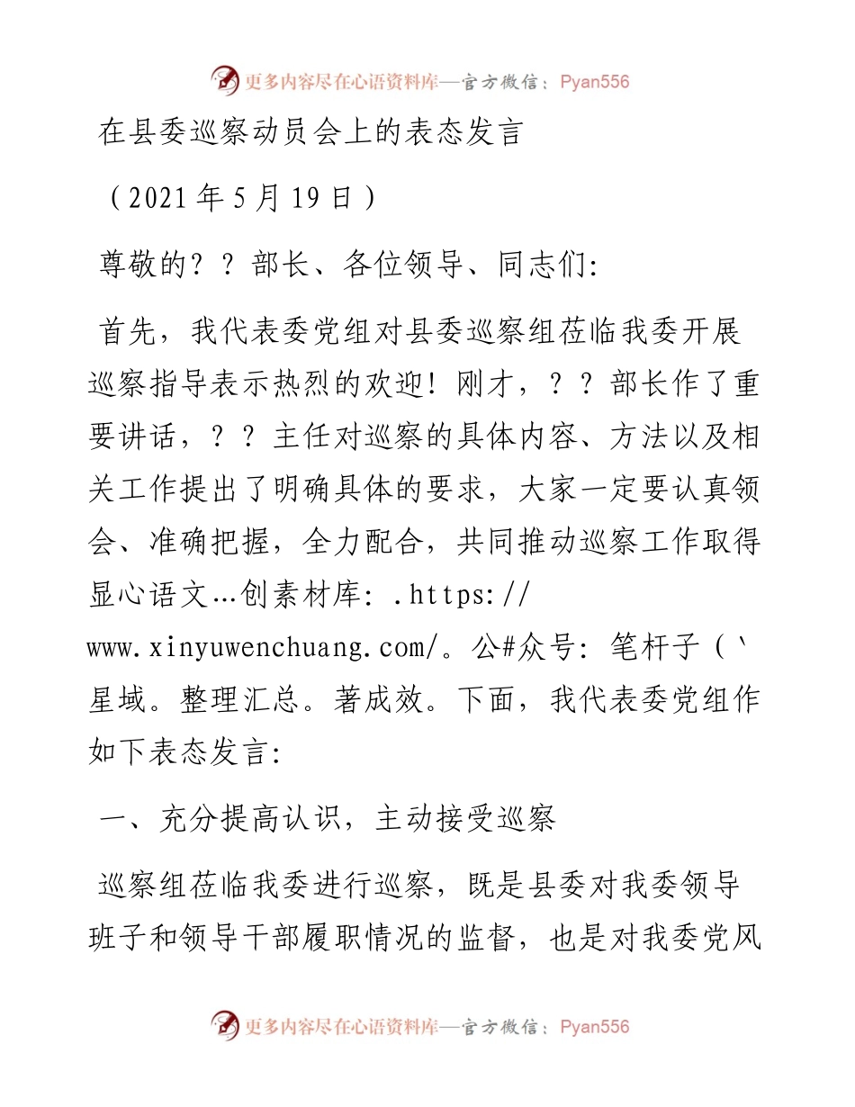 发改委   在县委巡察动员会上的表态发言0517.docx_第1页