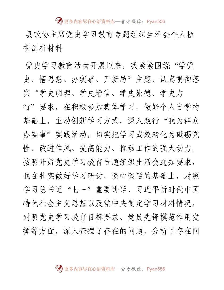 县政协主席党史学习教育专题组织生活会个人检视剖析材料.docx_第1页