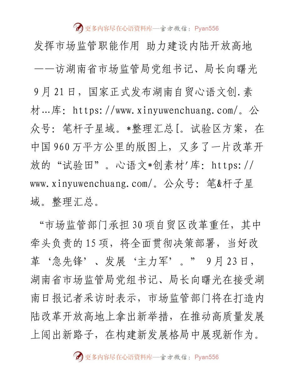 发挥市场监管职能作用助力建设内陆开放高地——访湖南省市场监管局党组书记、局长向曙光.docx_第1页