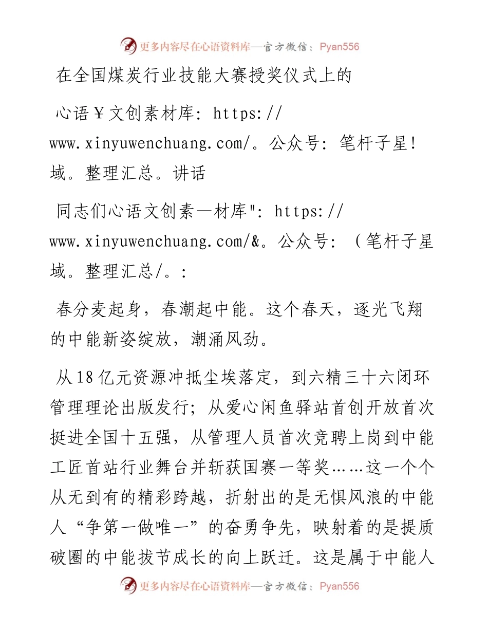 在全国煤炭行业技能大赛授奖仪式上的讲话.docx_第1页