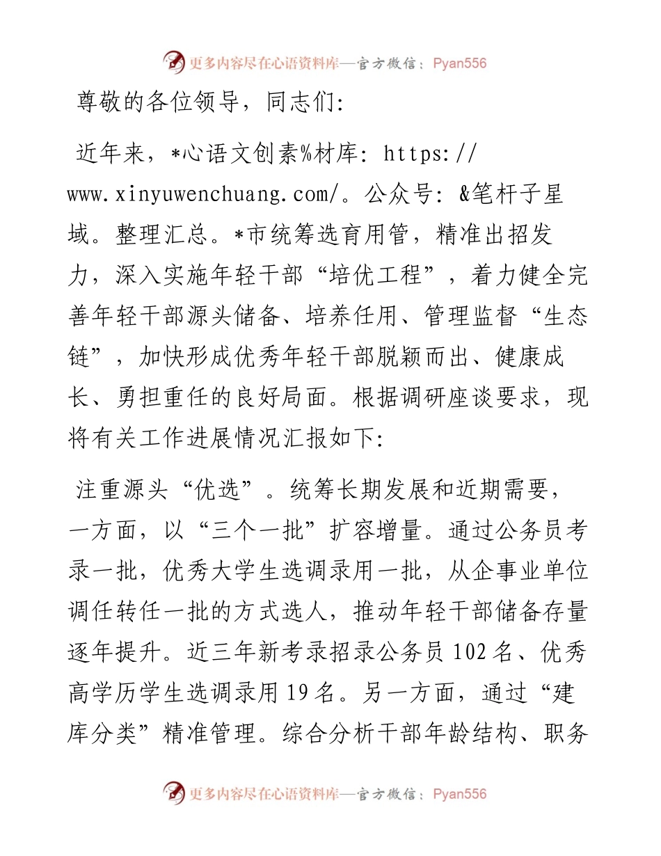 在2024年年轻干部队伍建设调研座谈会上的汇报发言.docx_第1页