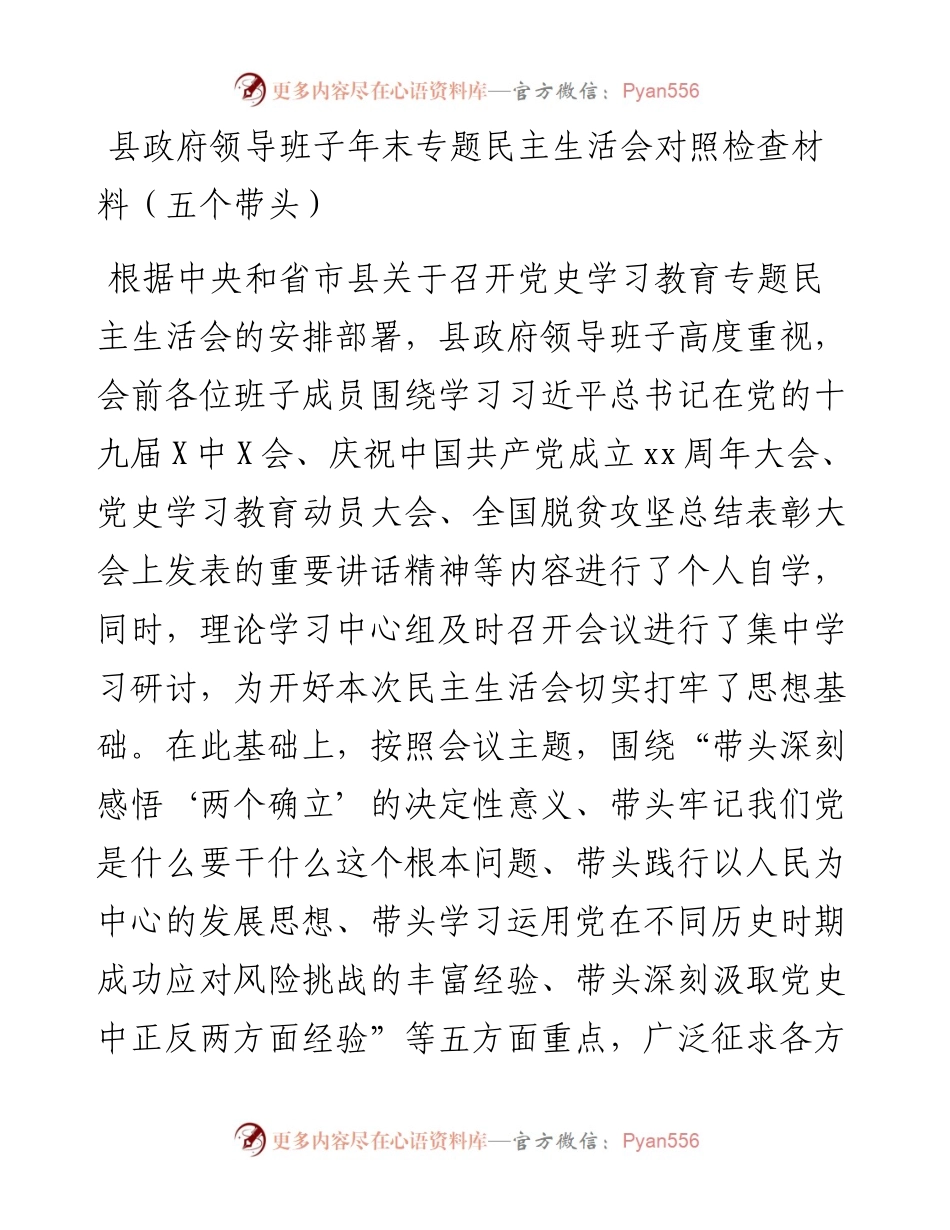 县政府领导班子年末专题民主生活会对照检查材料（五个带头）.docx_第1页