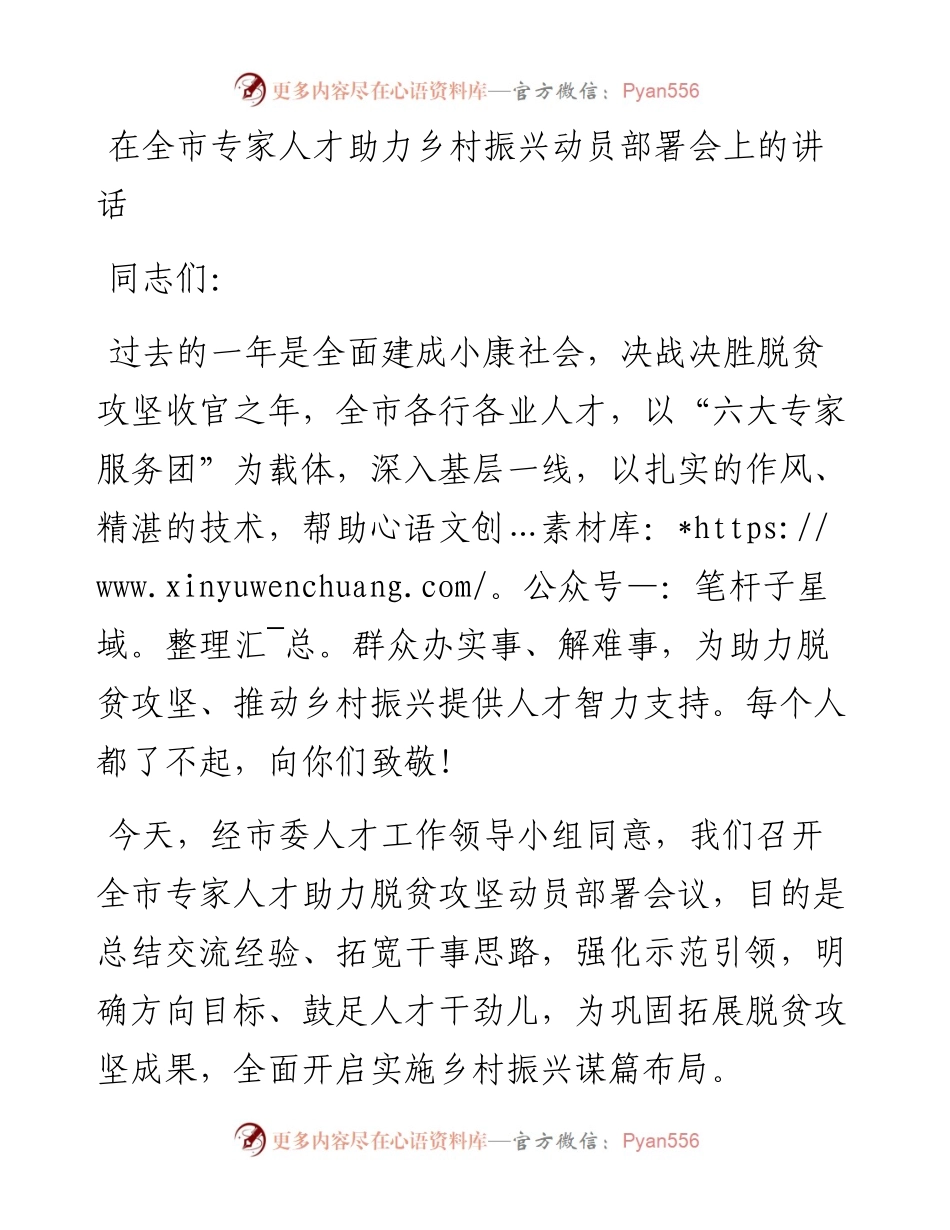 在全市专家人才助力乡村振兴动员部署会上的讲话.docx_第1页