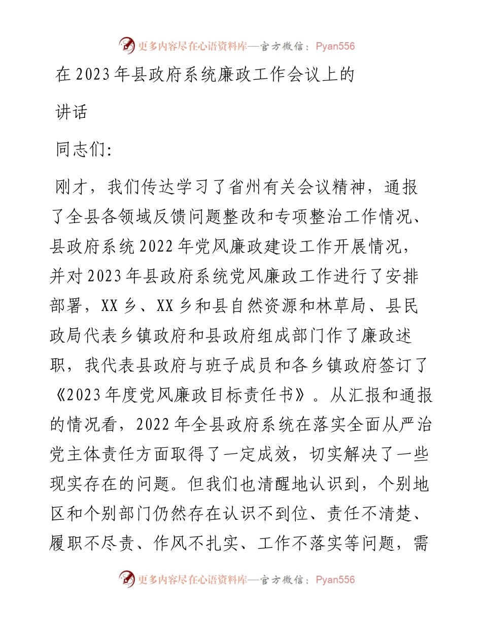 在2023年县政府系统廉政工作会议上的讲话.docx_第1页