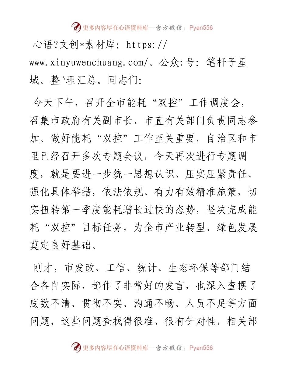 在全市能耗“双控”工作调度会上的讲话.docx_第1页
