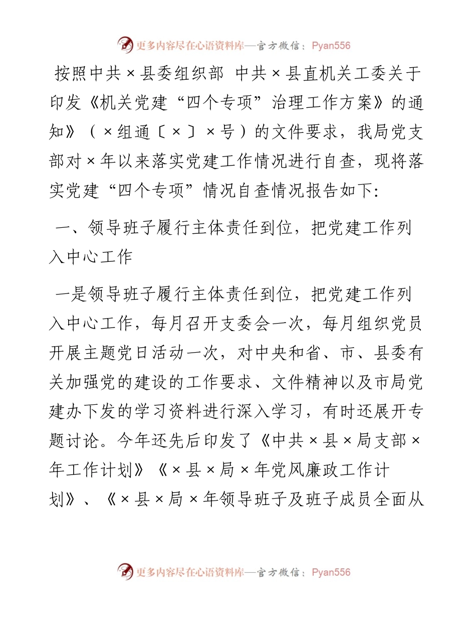 县气象局支部关于落实党建“四个专项”情况的自查报告.docx_第1页