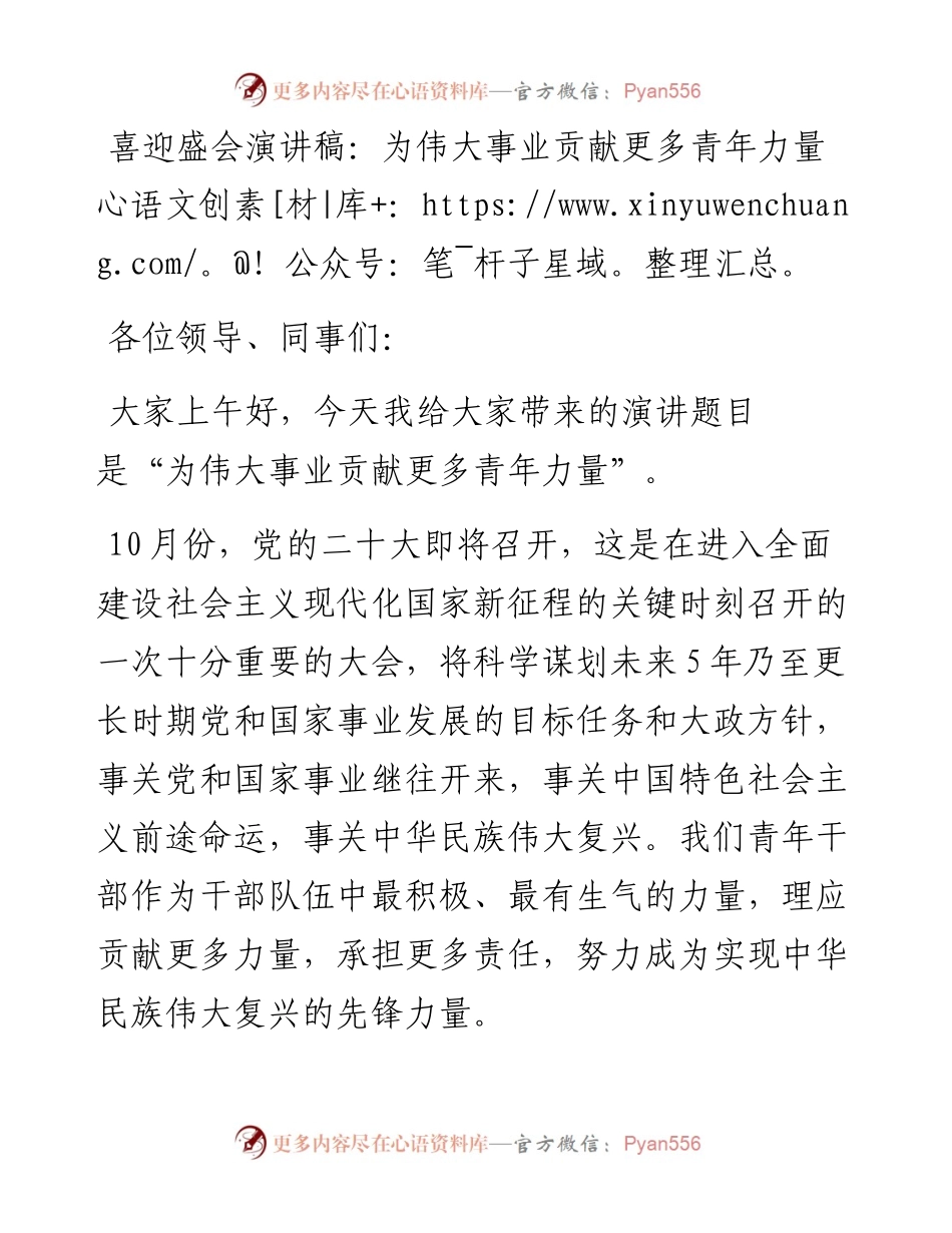 喜迎盛会演讲稿：为伟大事业贡献更多青年力量.docx_第1页