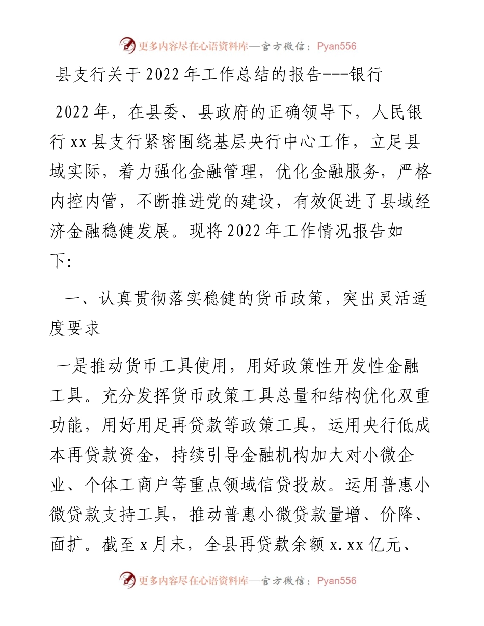 县支行关于工作总结的报告---银行.docx_第1页