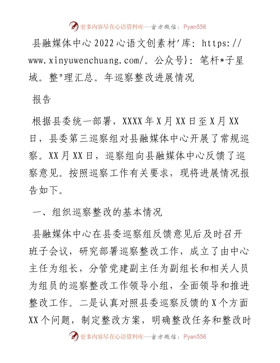 县融媒体中心巡察整改进展情况报告.docx_第1页