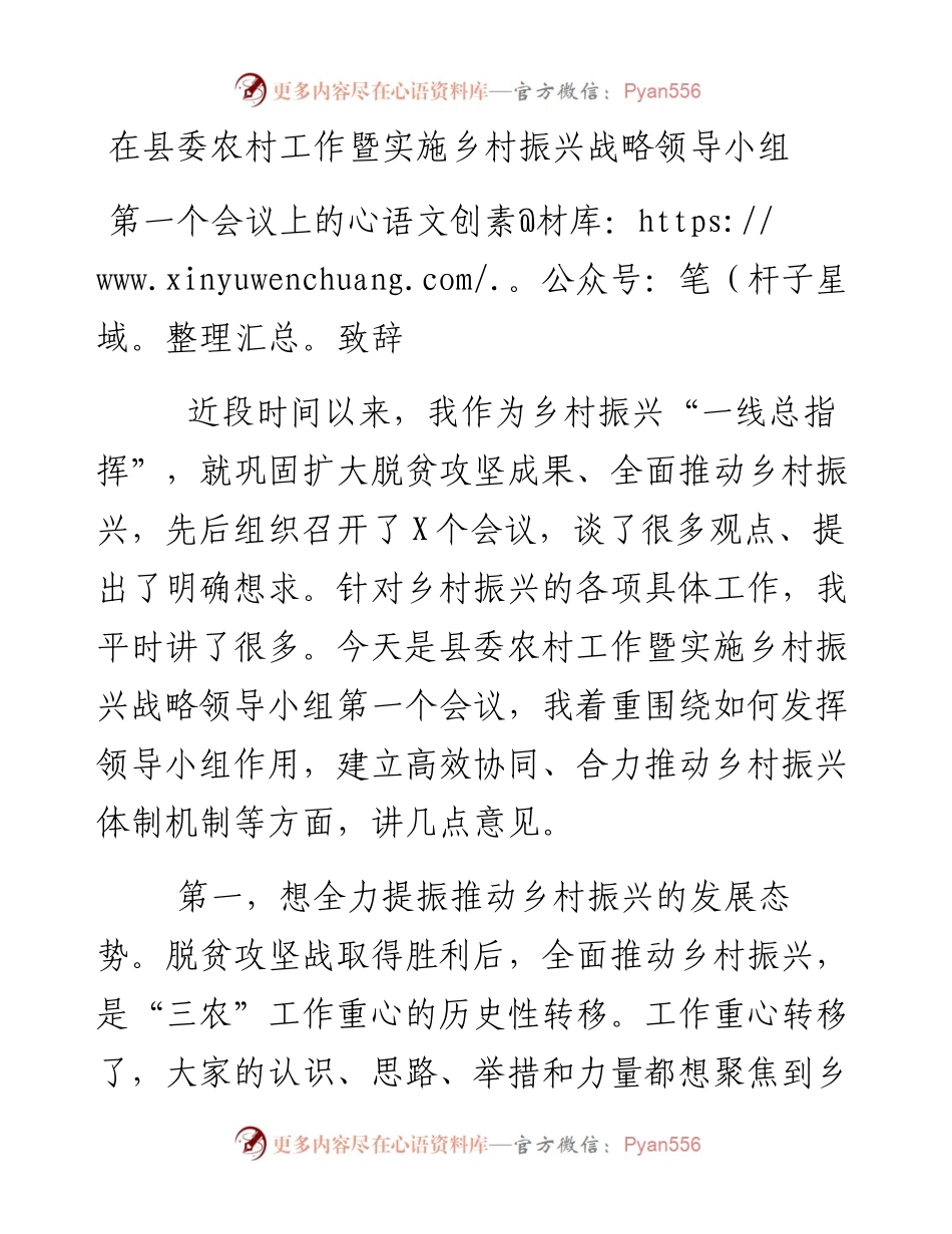 县委农村工作暨实施乡村振兴战略领导小组第一个会议上的讲话 (1).docx_第1页