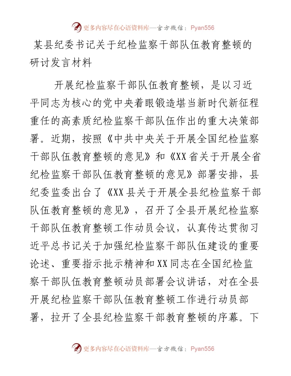 县纪委书记关于纪检监察干部队伍教育整顿的研讨发言材料.docx_第1页