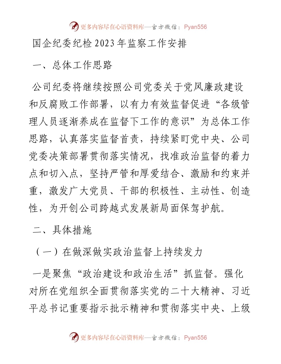 国企纪委纪检2023年监察工作安排.docx_第1页