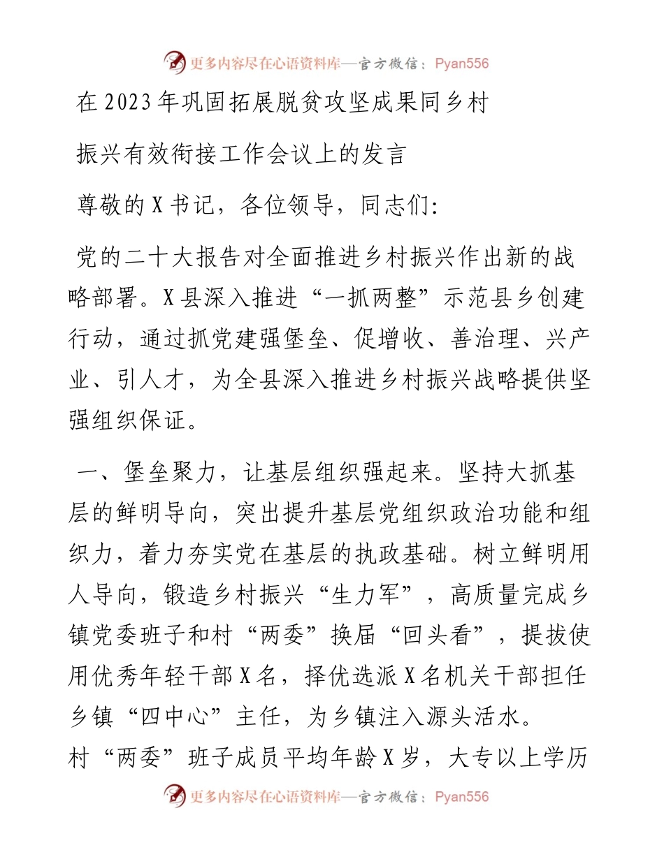 在2023年巩固拓展脱贫攻坚成果同乡村振兴有效衔接工作会议上的发言.docx_第1页