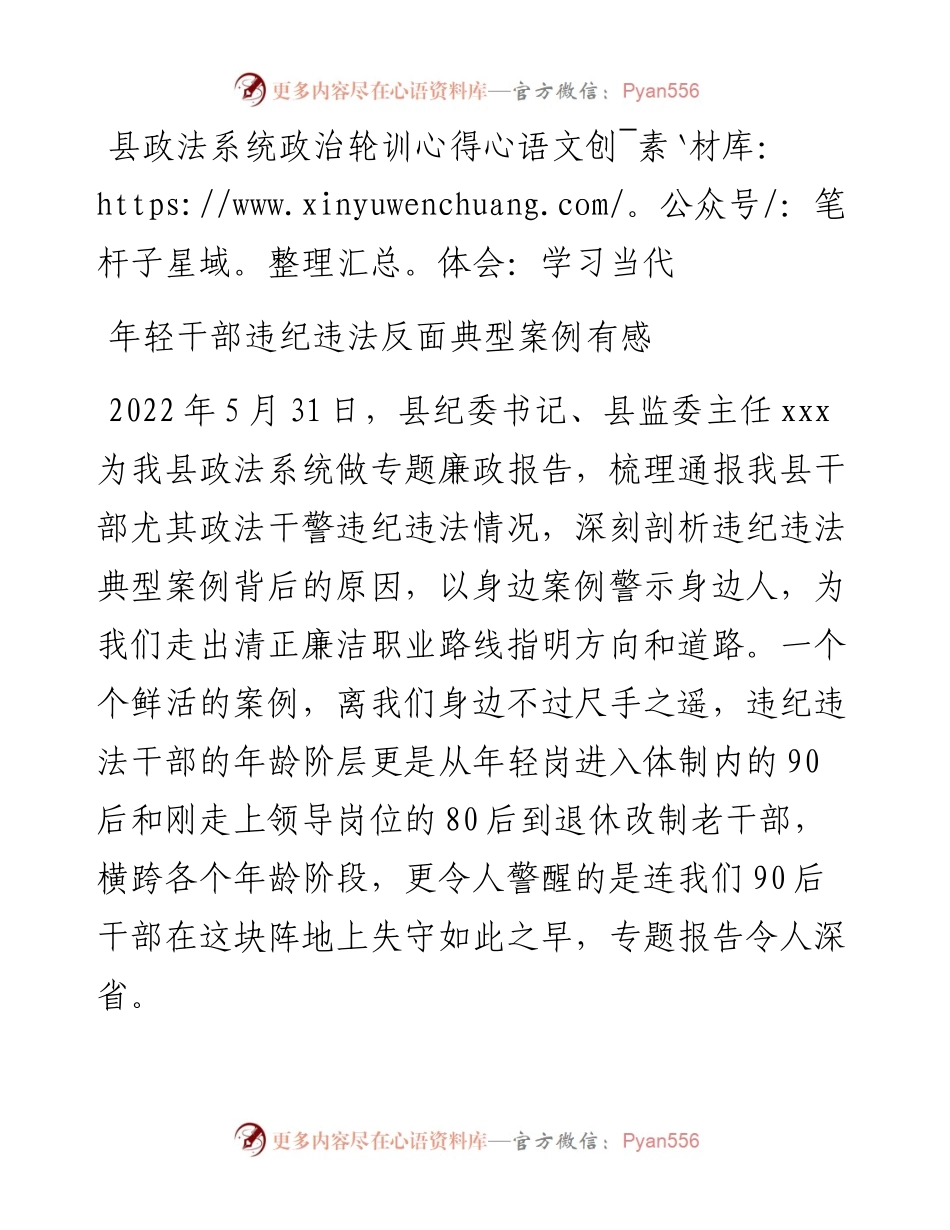 县政法系统政治轮训心得体会：学习当代年轻干部违纪违法反面典型案例有感.docx_第1页