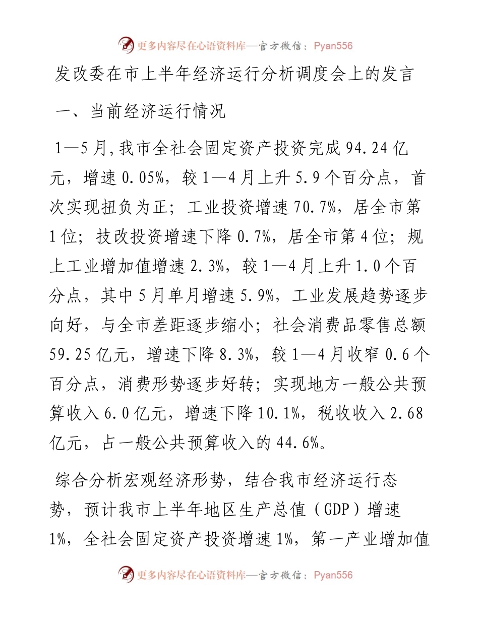 发改委在市上半年经济运行分析调度会上的发言.docx_第1页