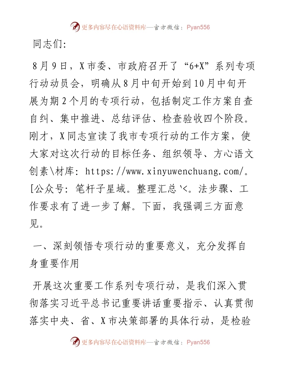 在全市“6+X”重点工作专项行动动员会上的讲话.docx_第1页