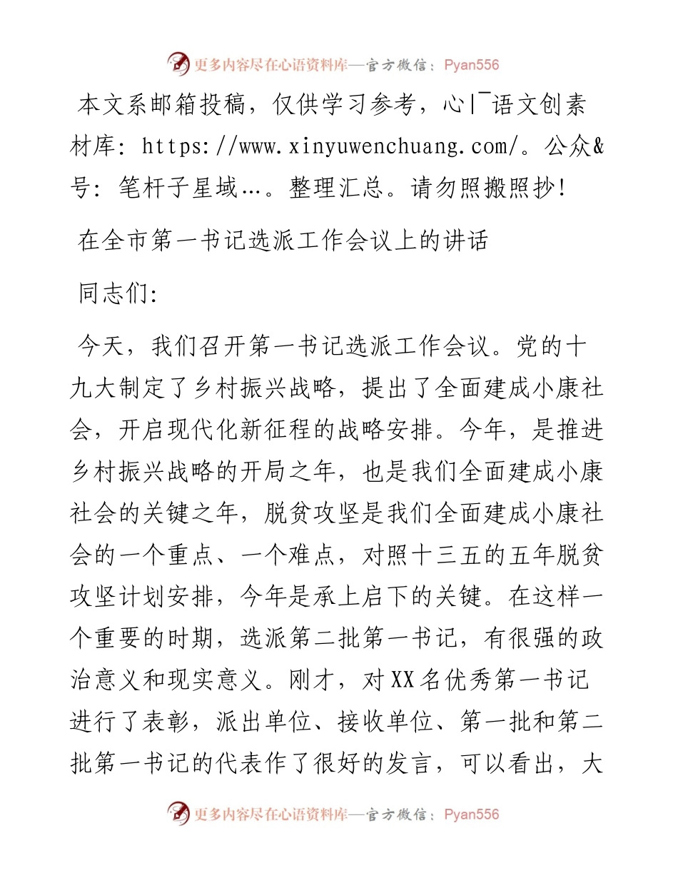 在全市第一书记选派工作会议上的讲话（范文）.docx_第1页