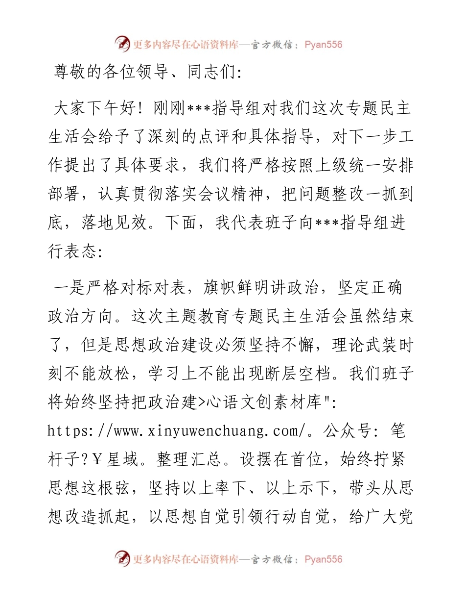 在党史学习教育专题民主生活会上的表态发言.docx_第1页