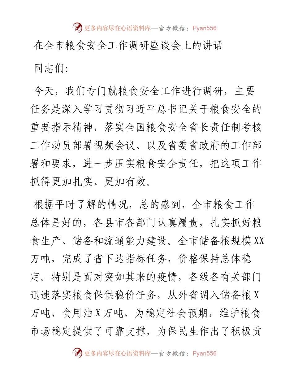 在全市粮食安全工作调研座谈会上的讲话.docx_第1页