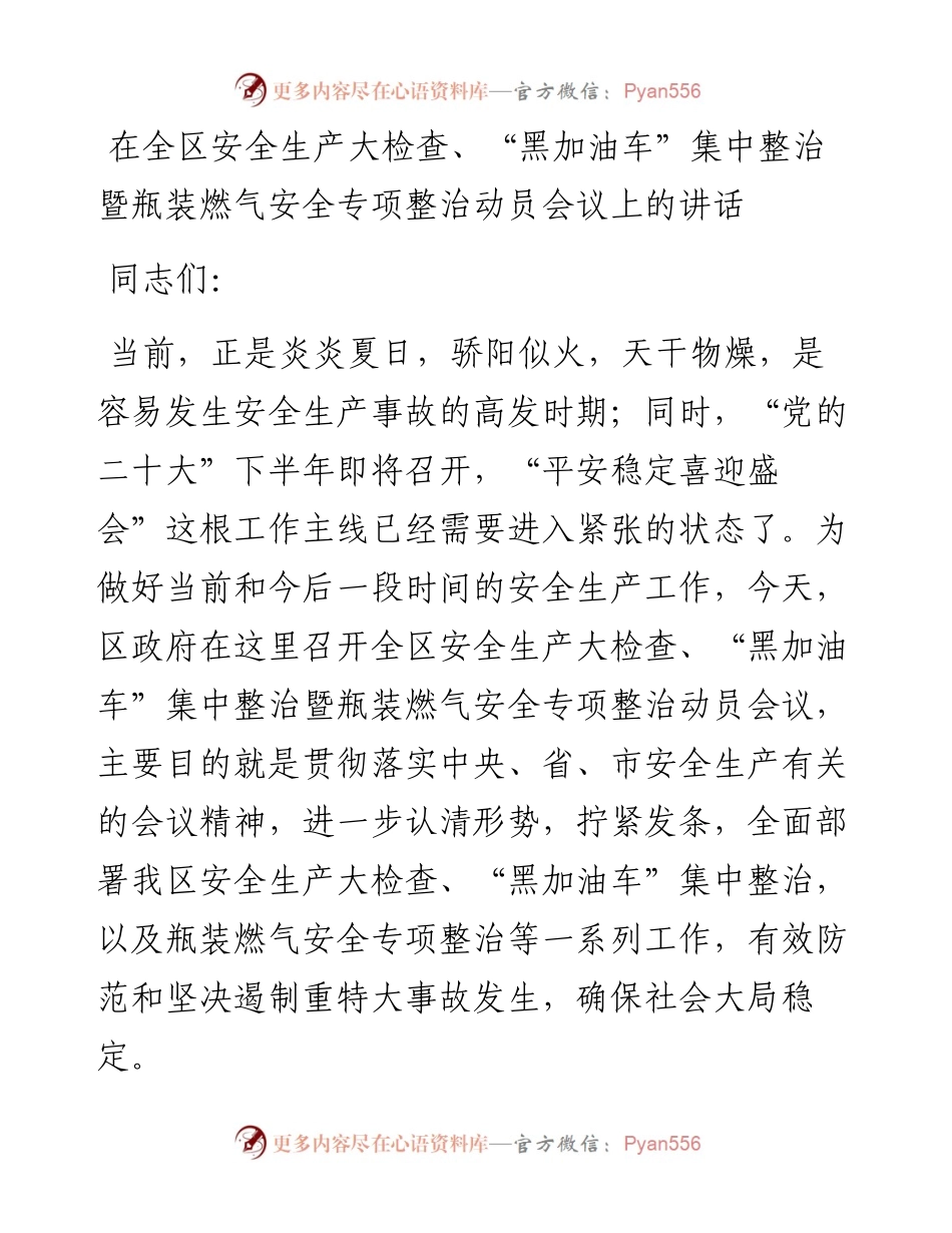 在全区安全生产大检查、“黑加油车”集中整治暨瓶装燃气安全专项整治动员会议上的讲话.docx_第1页