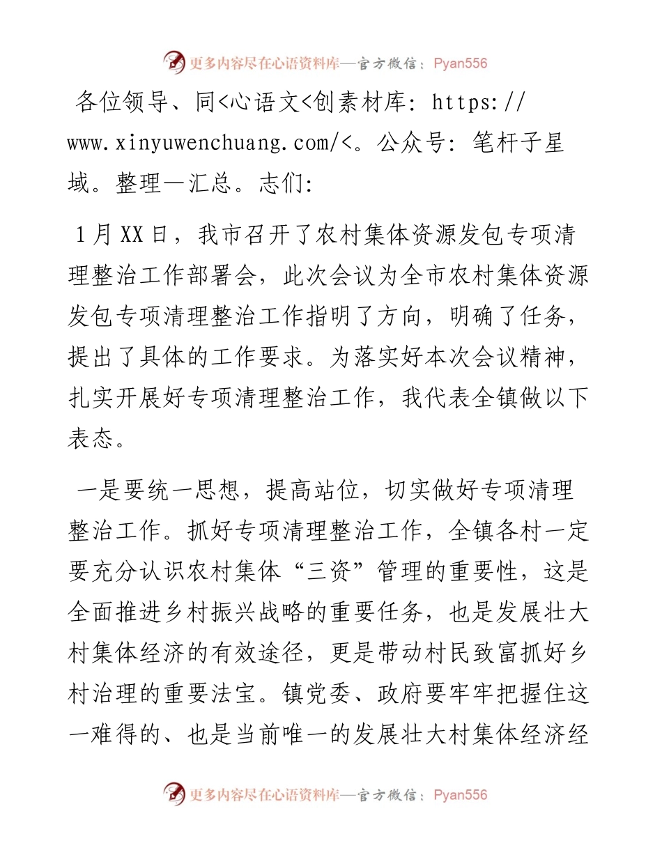 在全区农村集体资源发包专项清理整治工作动员部署会议上的表态发言.docx_第1页