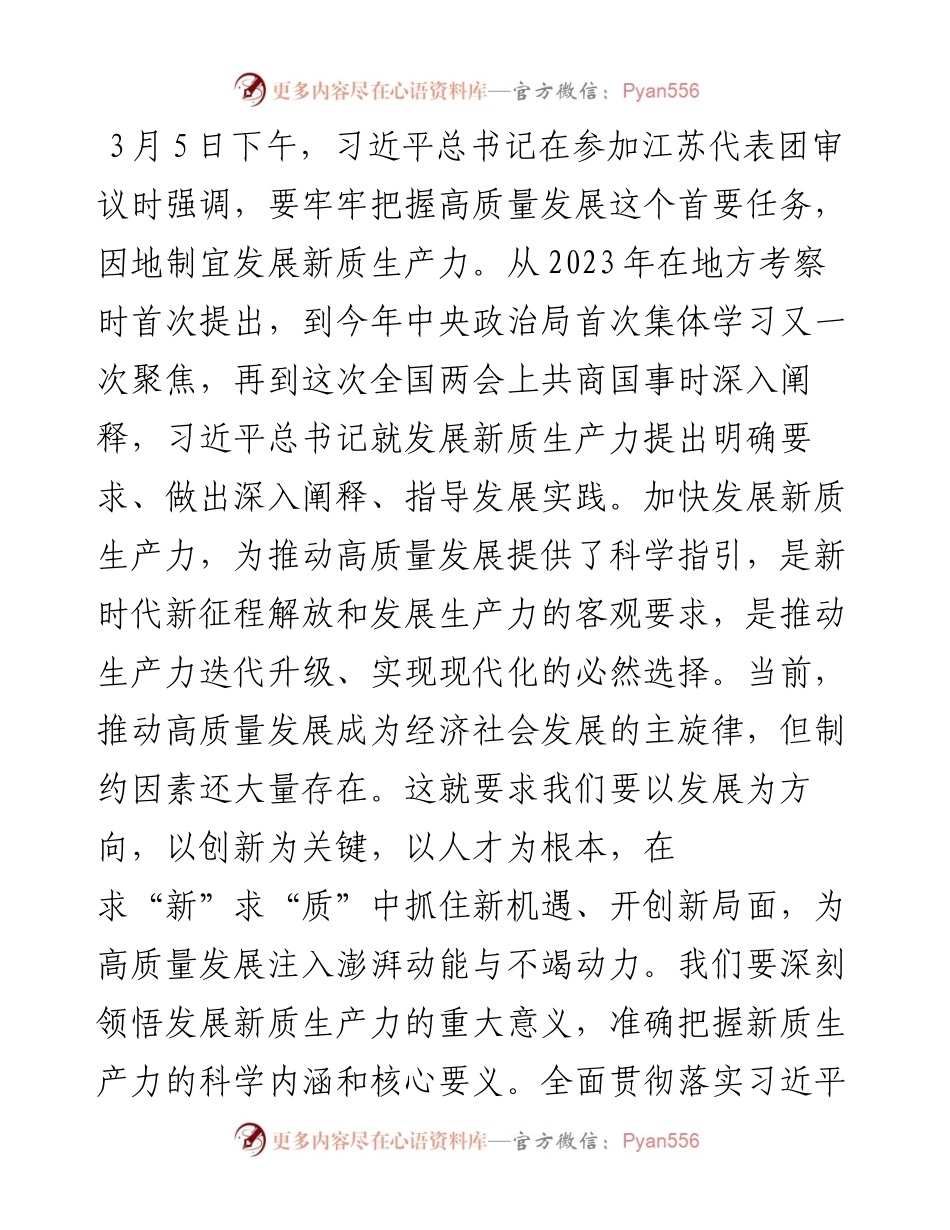 在党委理论中心组学习“习近平关于加快发展新质生产力扎实推进高质量发展”讲话精神专题会议上的讲话.docx_第1页