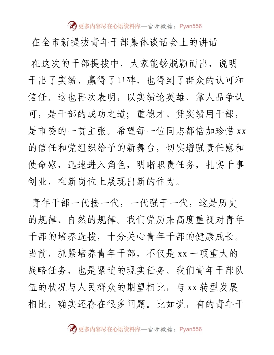 在全市新提拔青年干部集体谈话会上的讲话.docx_第1页