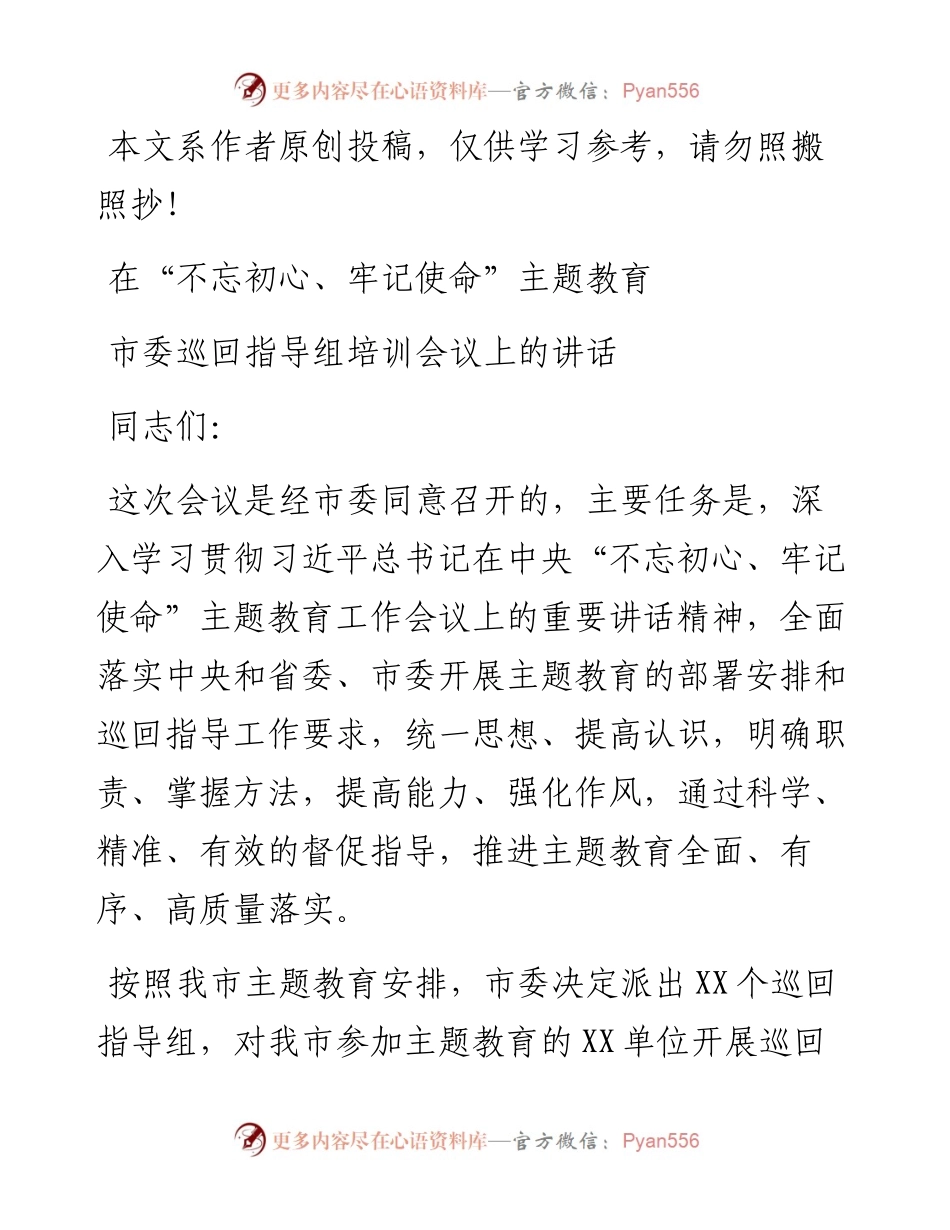 在“不忘初心、牢记使命”主题教育市委巡回指导组培训会议上的讲话.docx_第1页