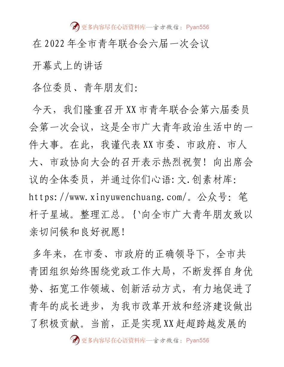 在全市青年联合会六届一次会议开幕式上的讲话.docx_第1页