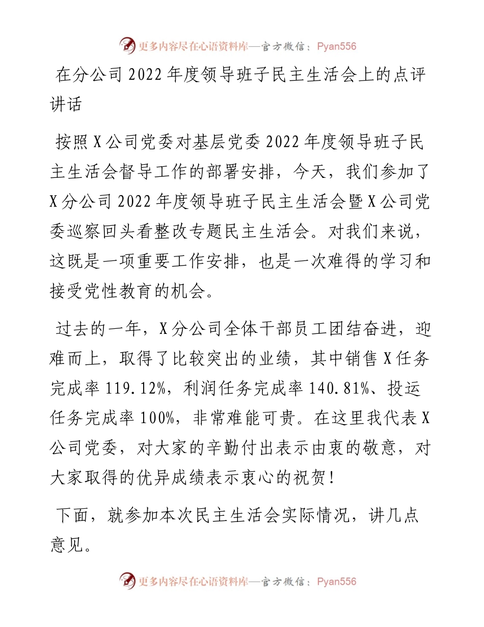 在分公司度领导班子民主生活会上的点评讲话.docx_第1页