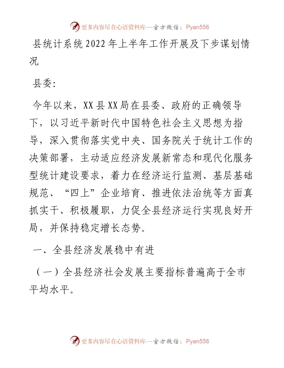 县统计系统上半年工作开展及下步谋划情况.docx_第1页