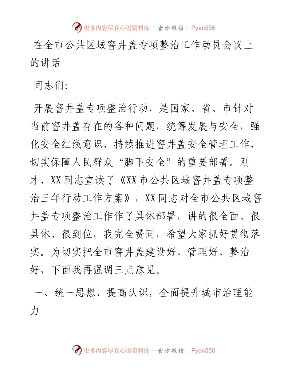 在全市公共区域窨井盖专项整治工作动员会议上的讲话.docx_第1页