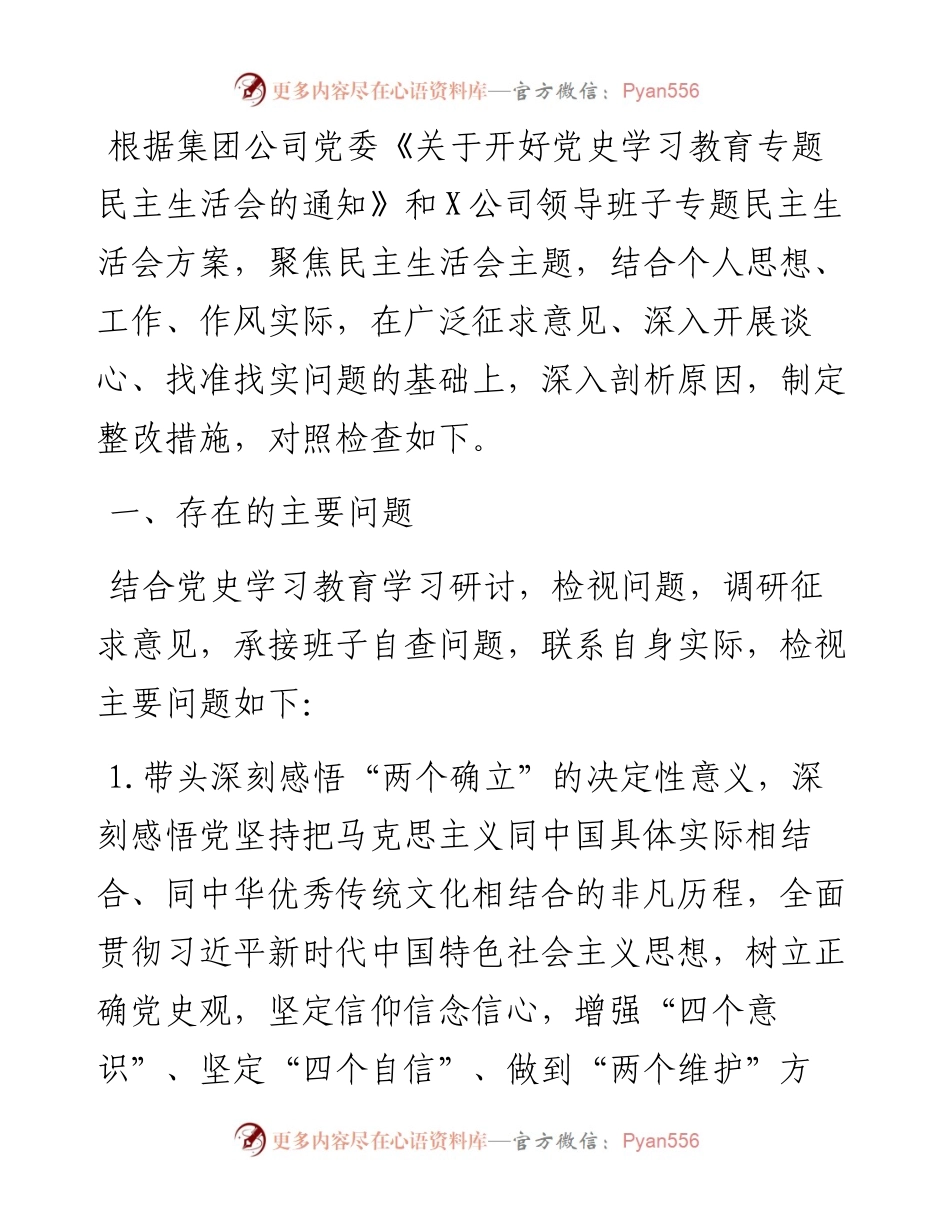 国企党委副书记党史学习教育专题民主生活会发言提纲.docx_第1页