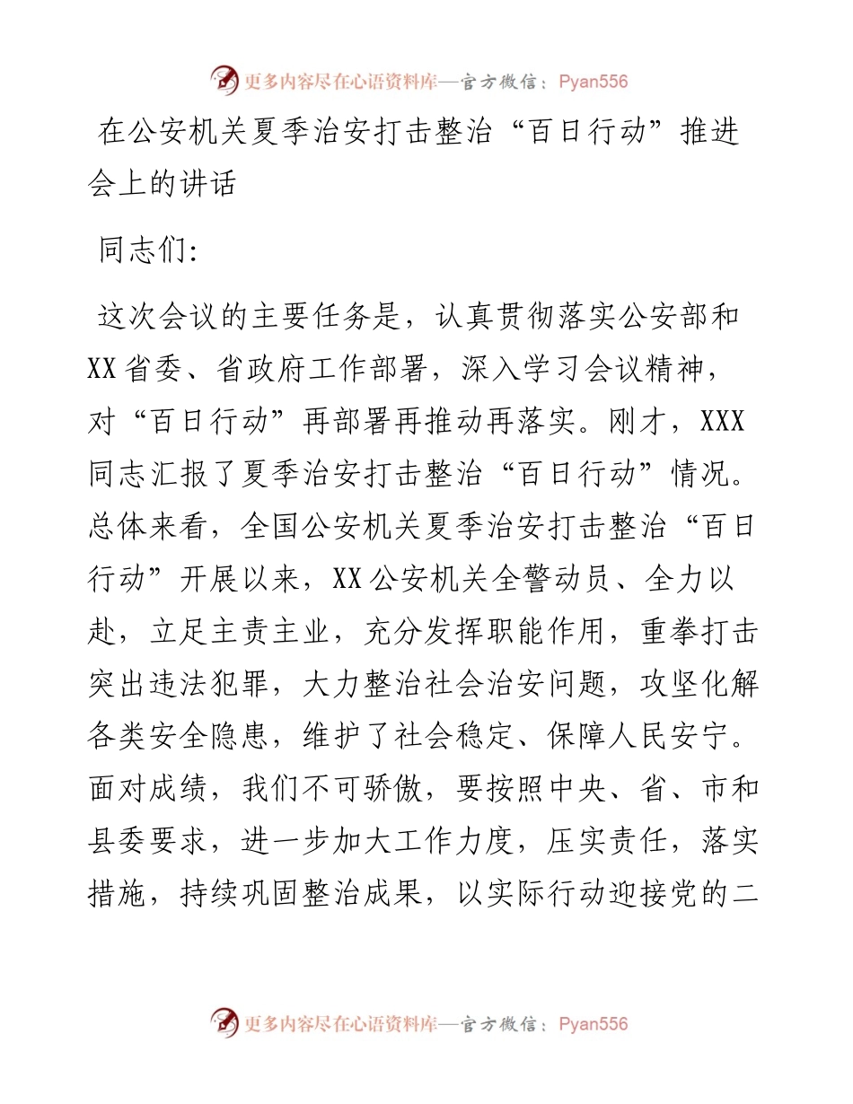 在公安机关夏季治安打击整治“百日行动”推进会上的讲话.docx_第1页