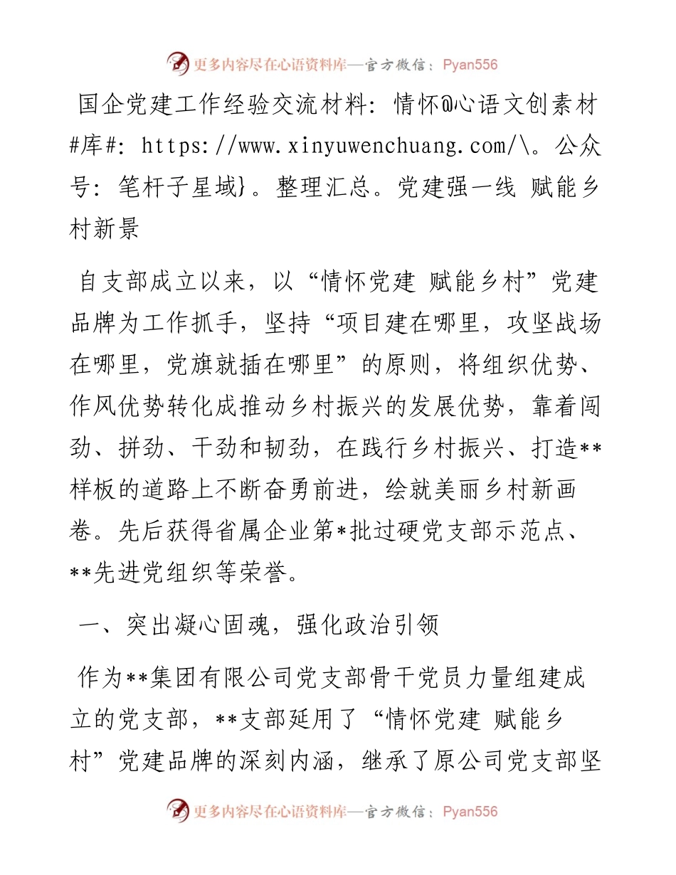 国企党建工作经验交流材料：情怀党建强一线 赋能乡村新景.docx_第1页