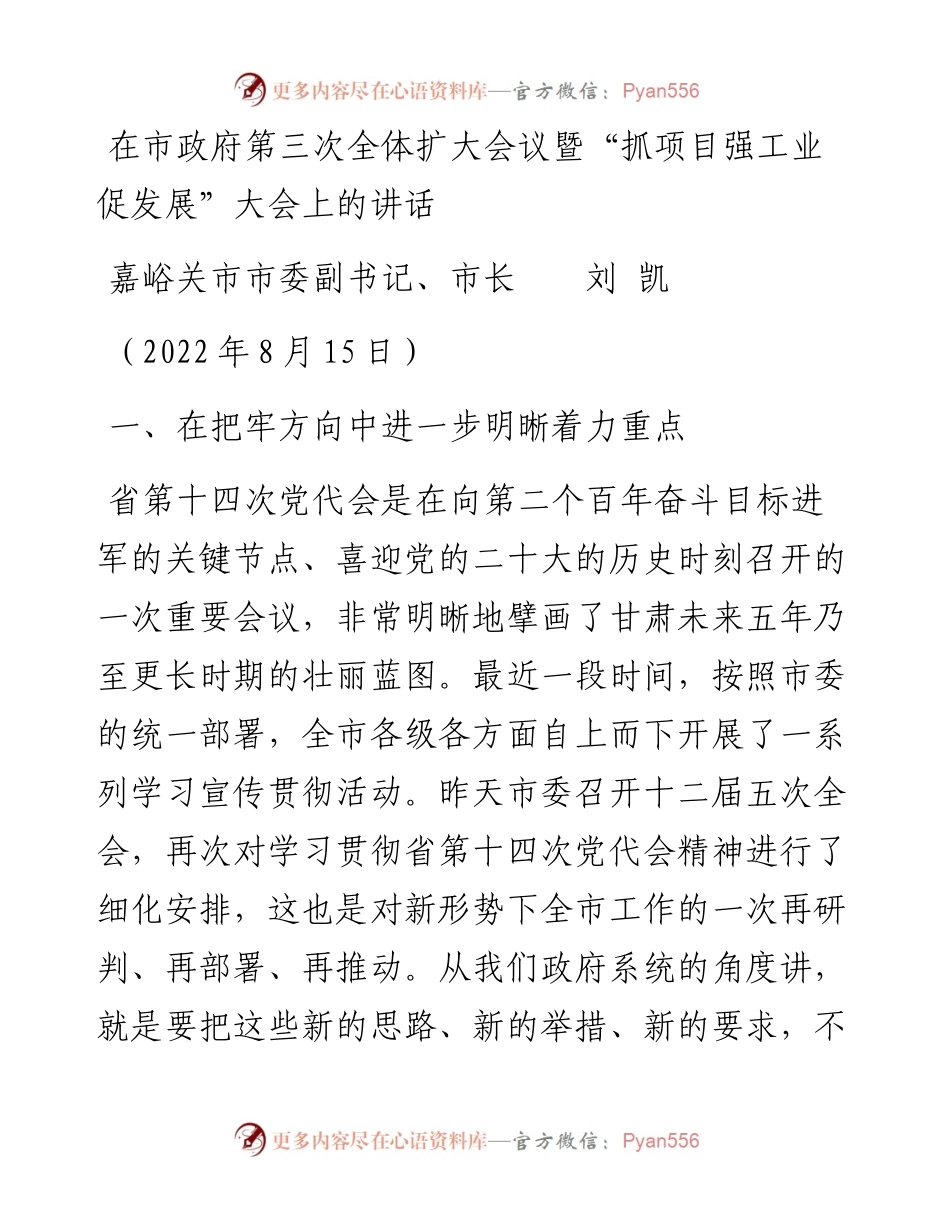 嘉峪关市市长刘凯：在市政府第三次全体扩大会议暨“抓项目强工业促发展”大会上的讲话（0815）.docx_第1页