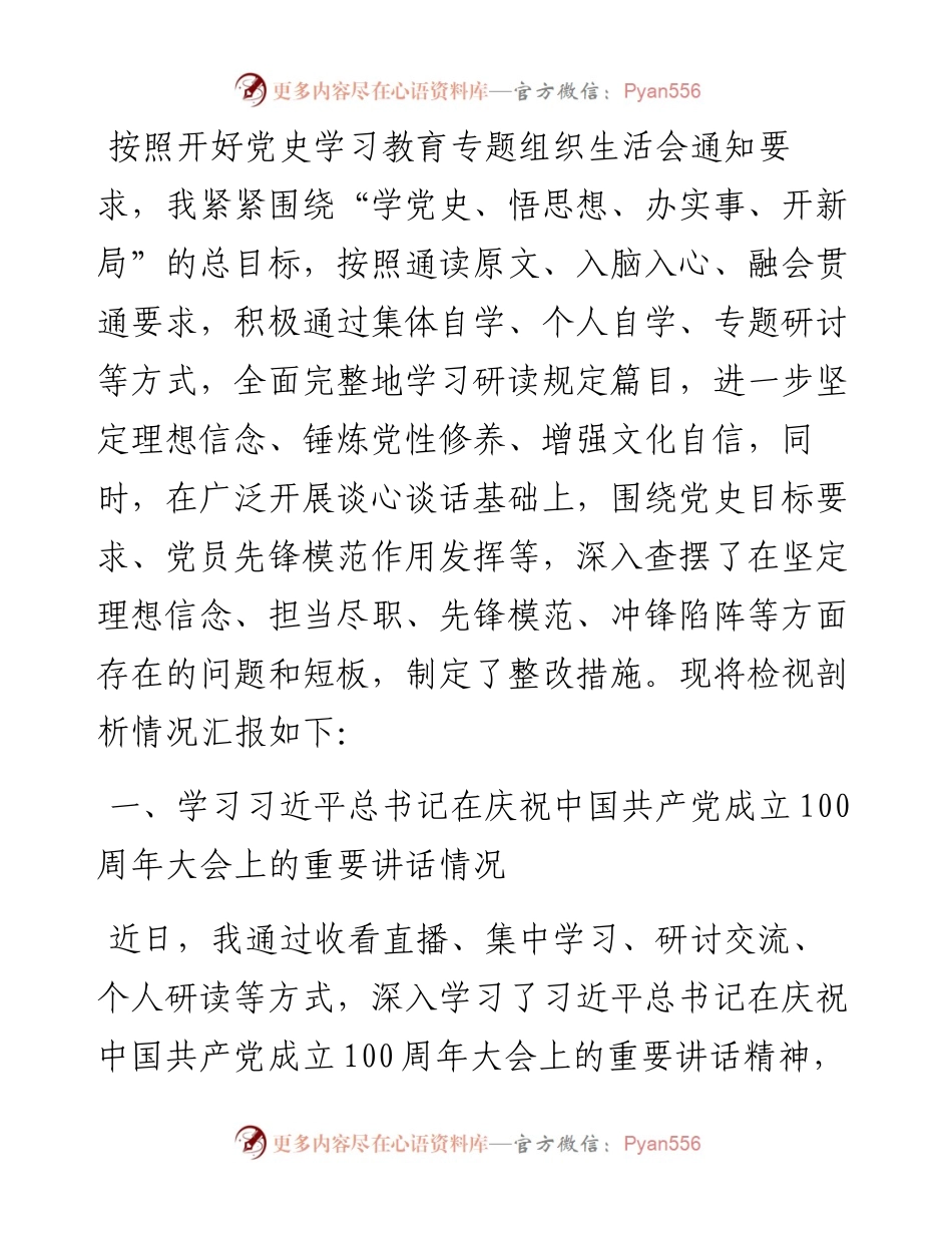 国企党史学习教育专题组织生活会剖析材料.docx_第1页