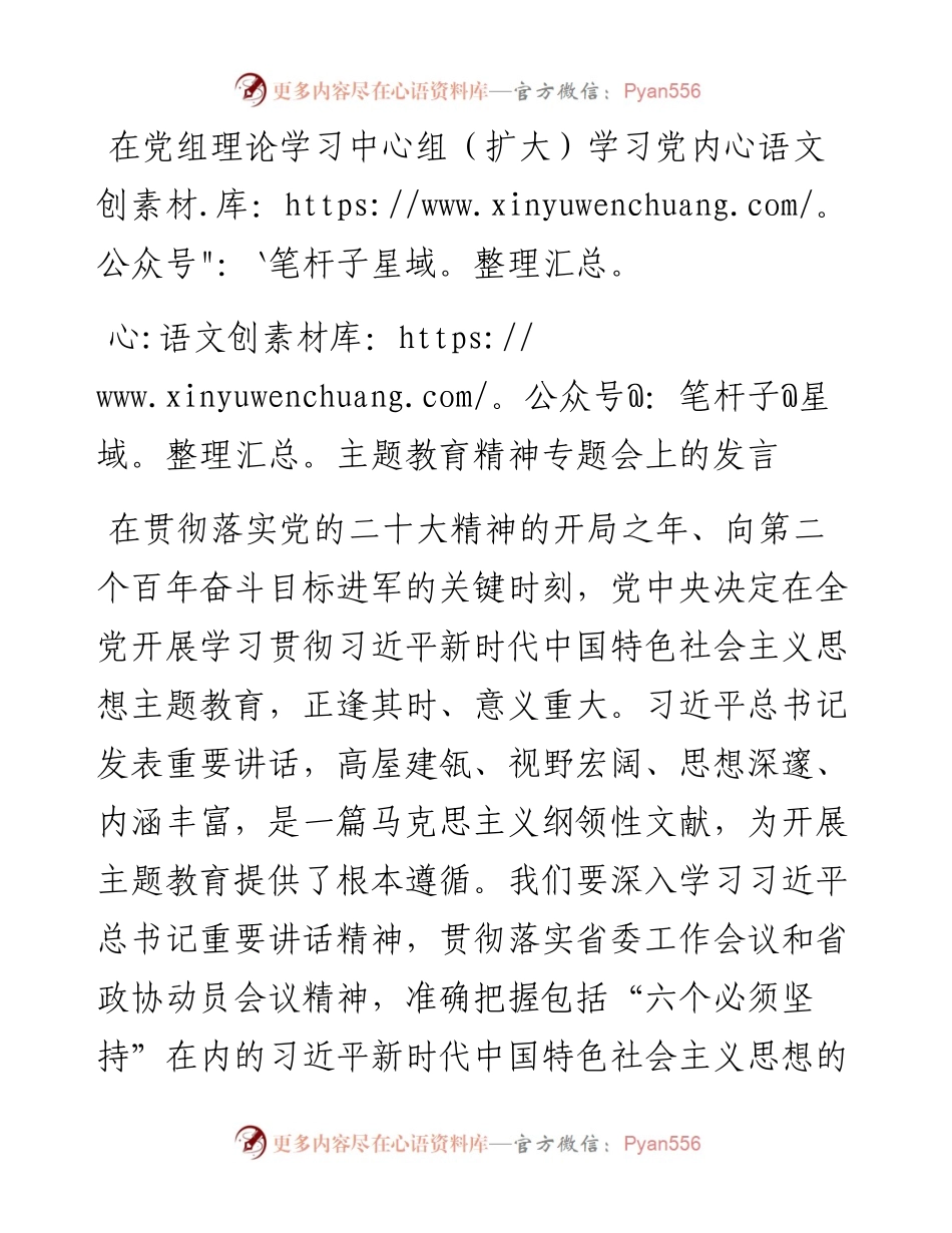 在党组理论学习中心组（扩大）学习党内主题教育精神专题会上的发言.docx_第1页