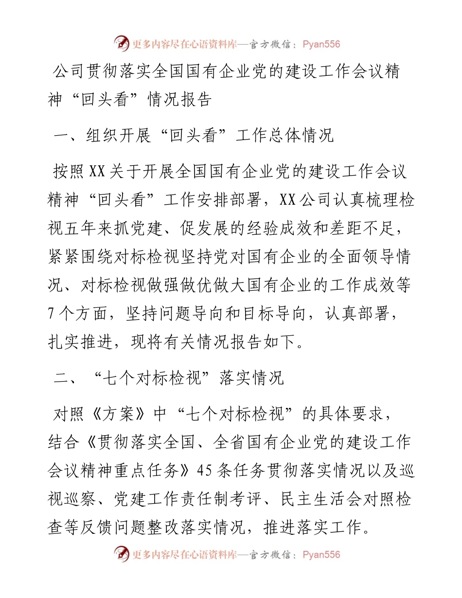 国企党建回头看：公司贯彻落实全国国有企业党的建设工作会议精神“回头看”情况报告.docx_第1页