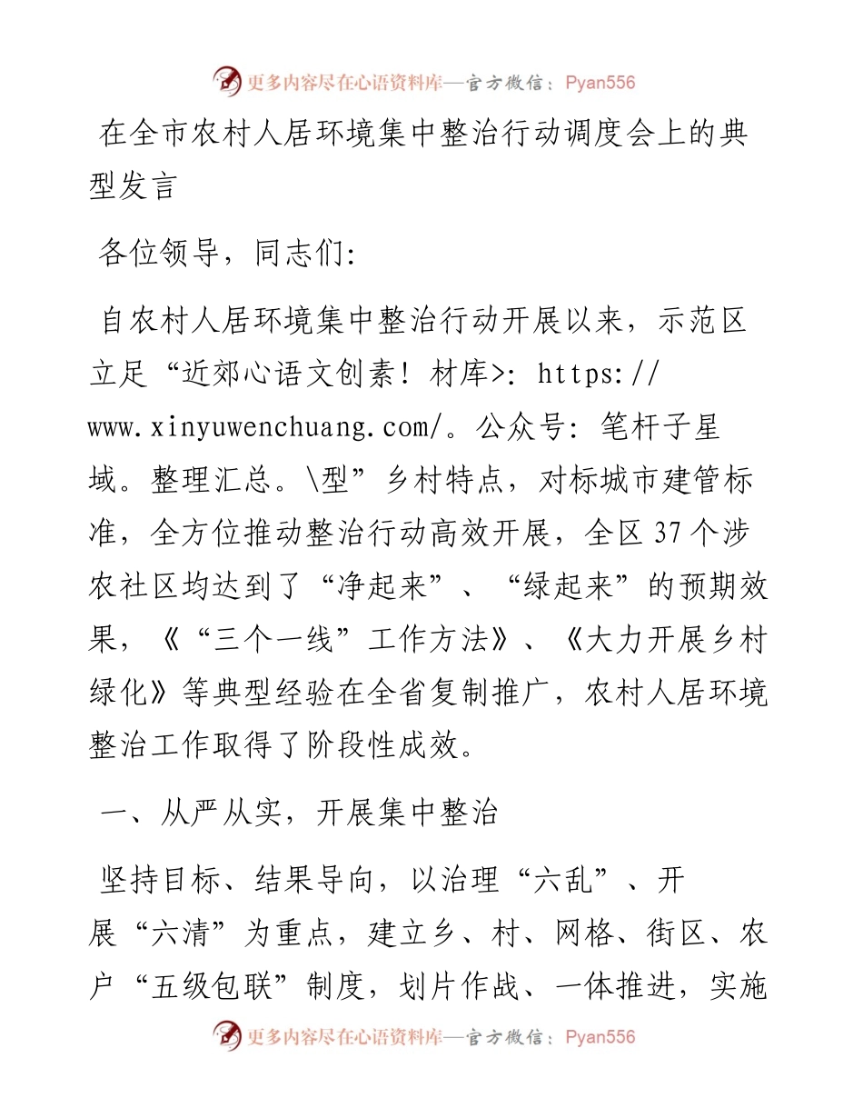 在全市农村人居环境集中整治行动调度会上的典型发言.docx_第1页