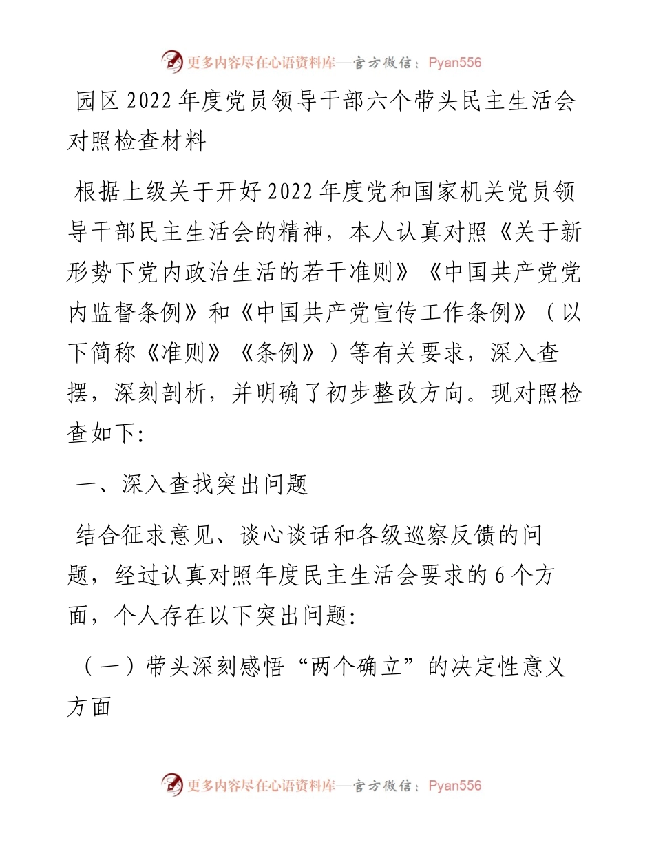 园区度党员领导干部六个带头民主生活会对照检查材料.docx_第1页