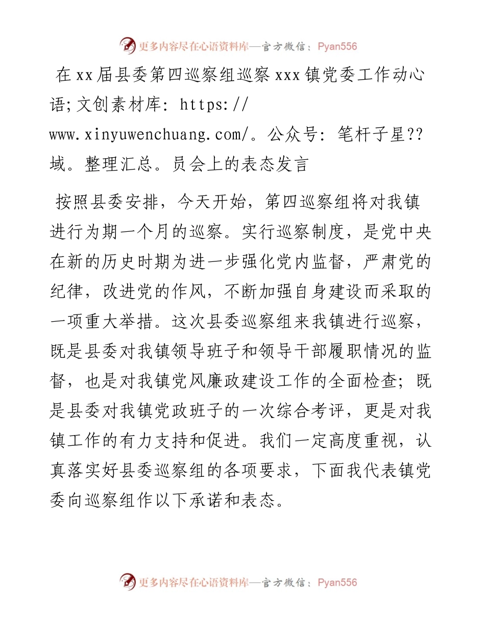 在xx届县委第一轮第四巡察组巡察xxx镇党委工作动员会上的表态发言.docx_第1页
