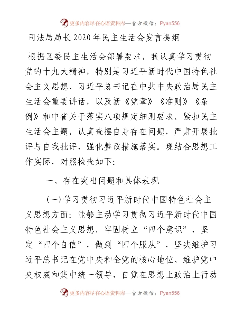 司法局局长民主生活会发言提纲.docx_第1页
